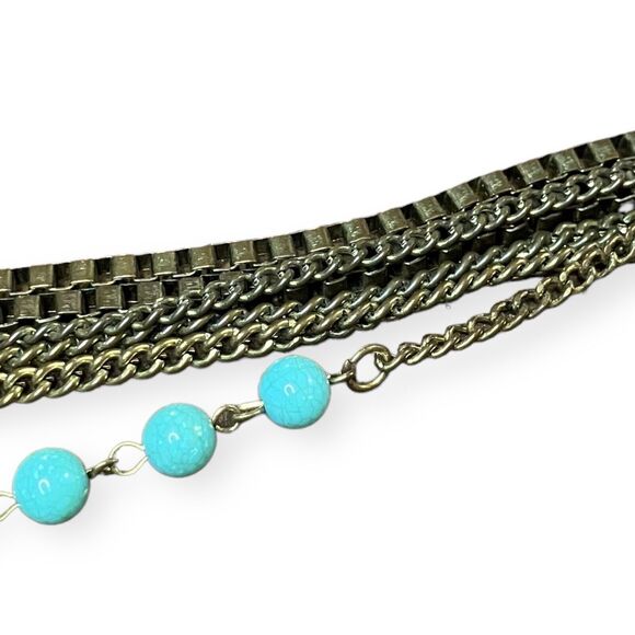 Aldo Signed Statement Multi Layer Fringe Chains Blue Beads Adjustable Necklace - Picture 2 of 6